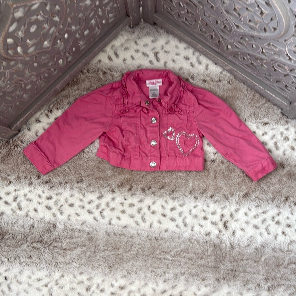 Little Lass Jean jacket baby girl 18 months pink denim heart rhinestone Lovecore